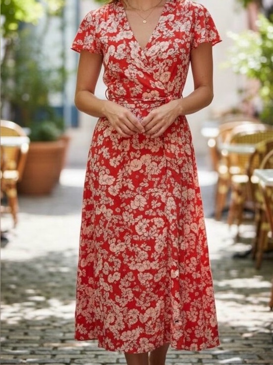 Rebecca Taylor Dresses & Skirts - Rebecca Taylor Red Cherry Blossom Midi Wrap Dress with Cream Floral Print